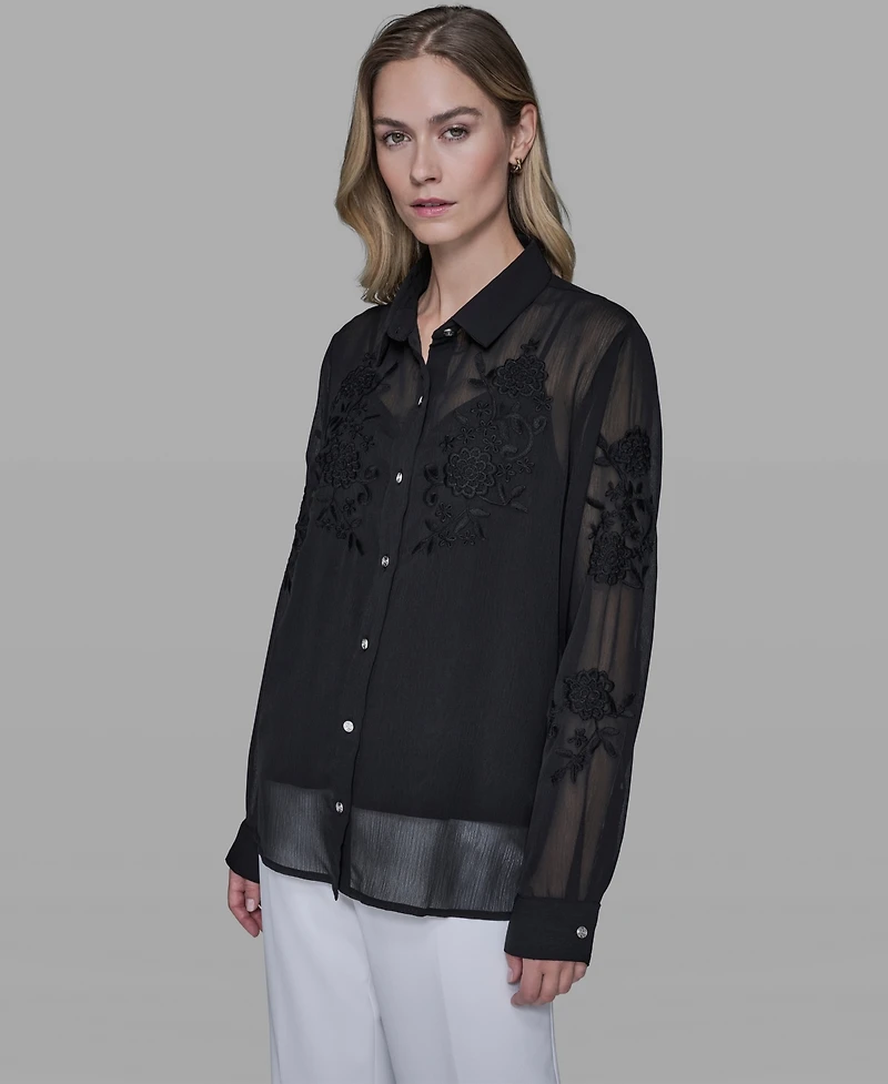 Karl Lagerfeld Paris Women's Long-Sleeve Embroidered Flower Blouse