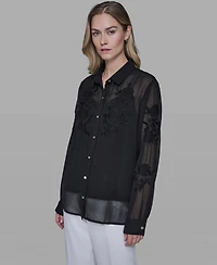 Karl Lagerfeld Paris Women's Long-Sleeve Embroidered Flower Blouse