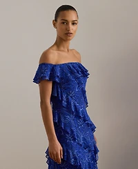 Lauren Ralph Women's Print Ruffle-Trim Off-the-Shoulder Gown