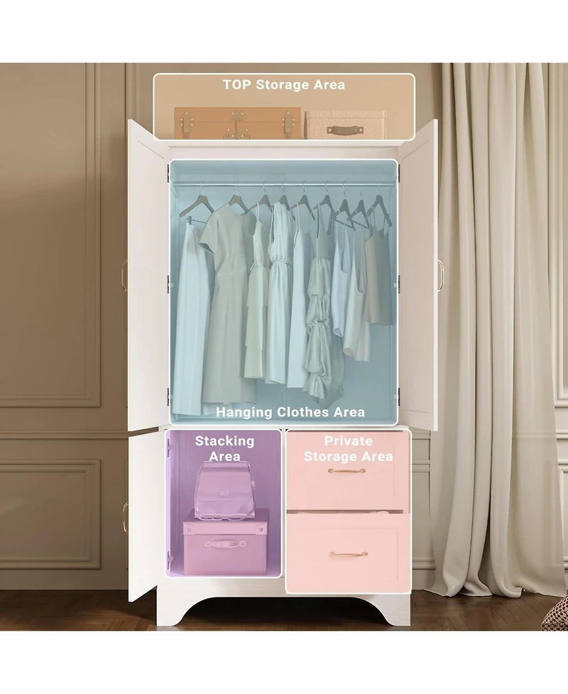 White Wardrobe Closet with Mirror and Doors, Drawers and Shelves, Wooden Armoire Storage Cabinet with Hanging Rod for Bedroom