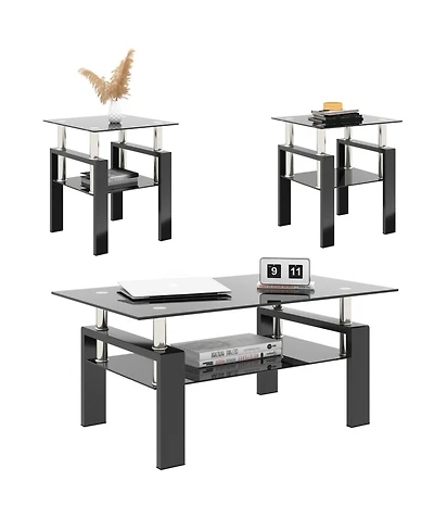 sumyeg Set of 2 Modern Square Tempered Glass Coffee Tables with Solid Frame