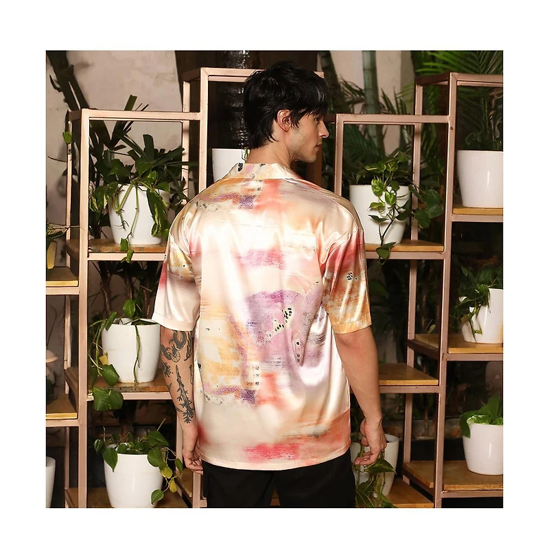 Campus Sutra Men's Cantaloupe Orange & Amethyst Purple Abstract Sheen Oversized Shirt