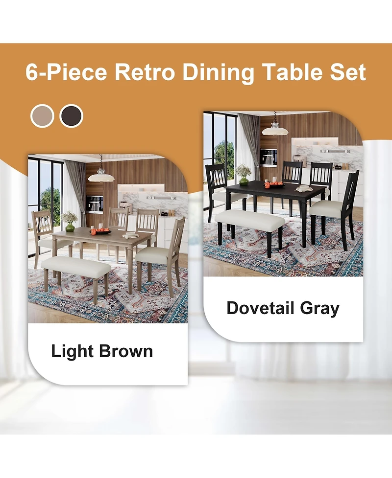 sumyeg 6-Piece Retro Dining Set with Wooden Rectangular Table 4 Chairs and Bench