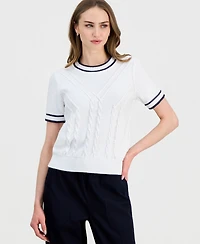 Nautica Jeans Women's Cotton Short-Sleeve Traveling Cable-Knit Sweater