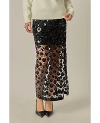 English Factory Women's Flower Sequin Sheer Midi Skirt