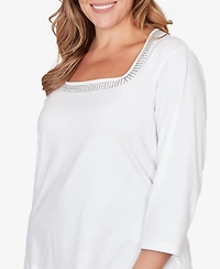 Hearts Of Palm Plus Solid Embellished 3/4 Sleeve Top