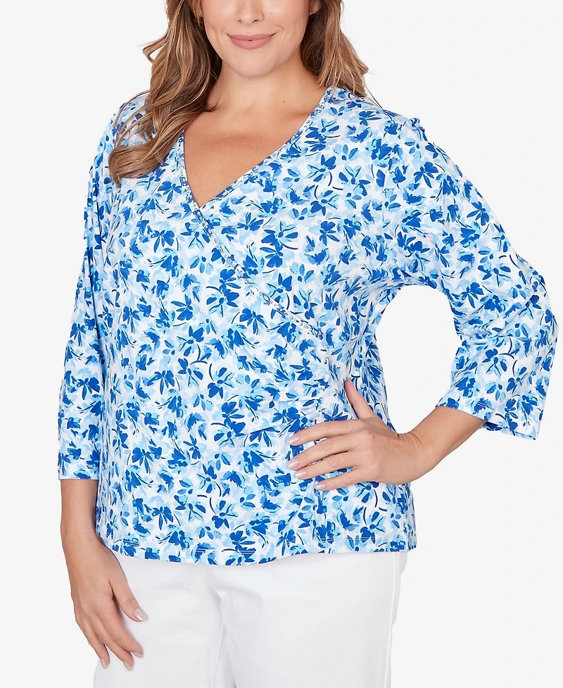 Hearts Of Palm Plus Printed Stretch Jersey 3/4 Sleeve Top