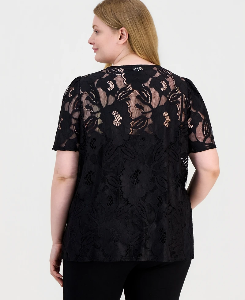 Anne Klein Plus Lace Short-Sleeve Top