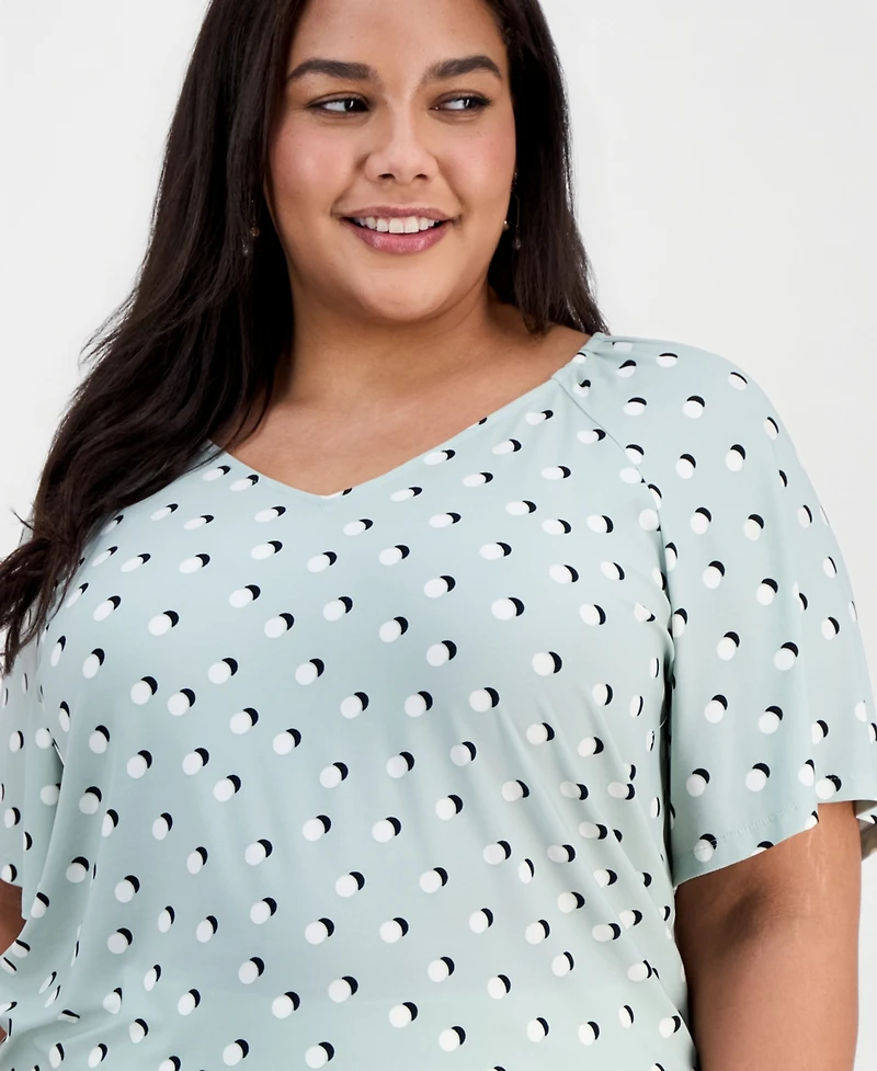 Ak Anne Klein Plus Size Printed V-Neck Flutter-Sleeve Top