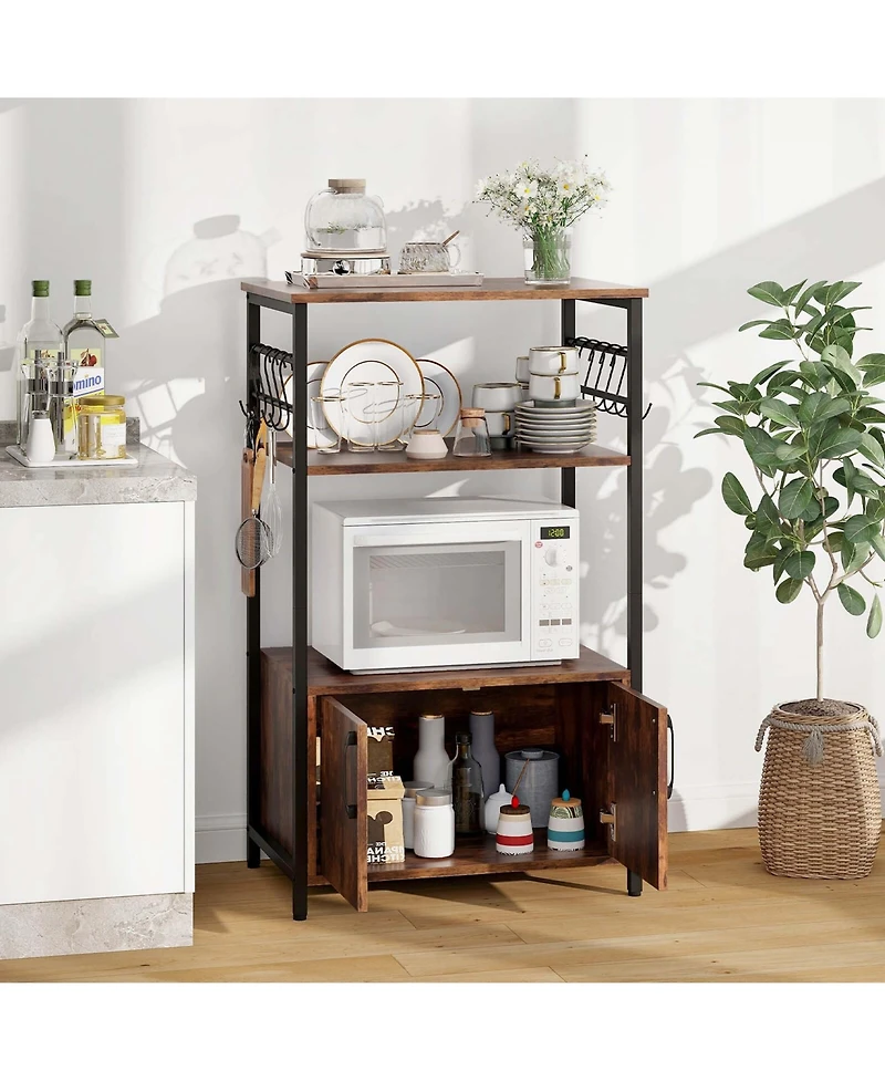 Costway 3-Tier Kitchen Baker s Rack with Cabinet 2 Open Shelves 10 S-Shaped Hooks