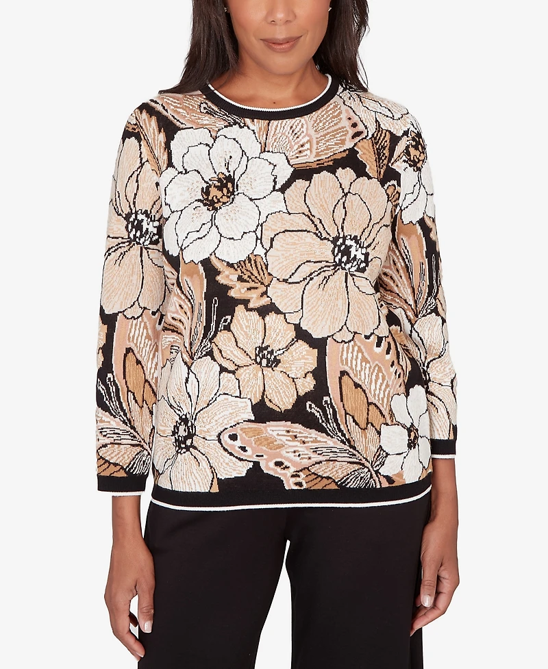 Alfred Dunner Women's Seville Jacquard Floral Butterfly Sweater