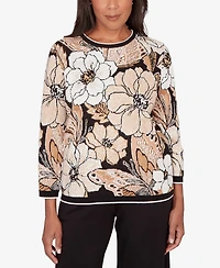 Alfred Dunner Women's Seville Jacquard Floral Butterfly Sweater