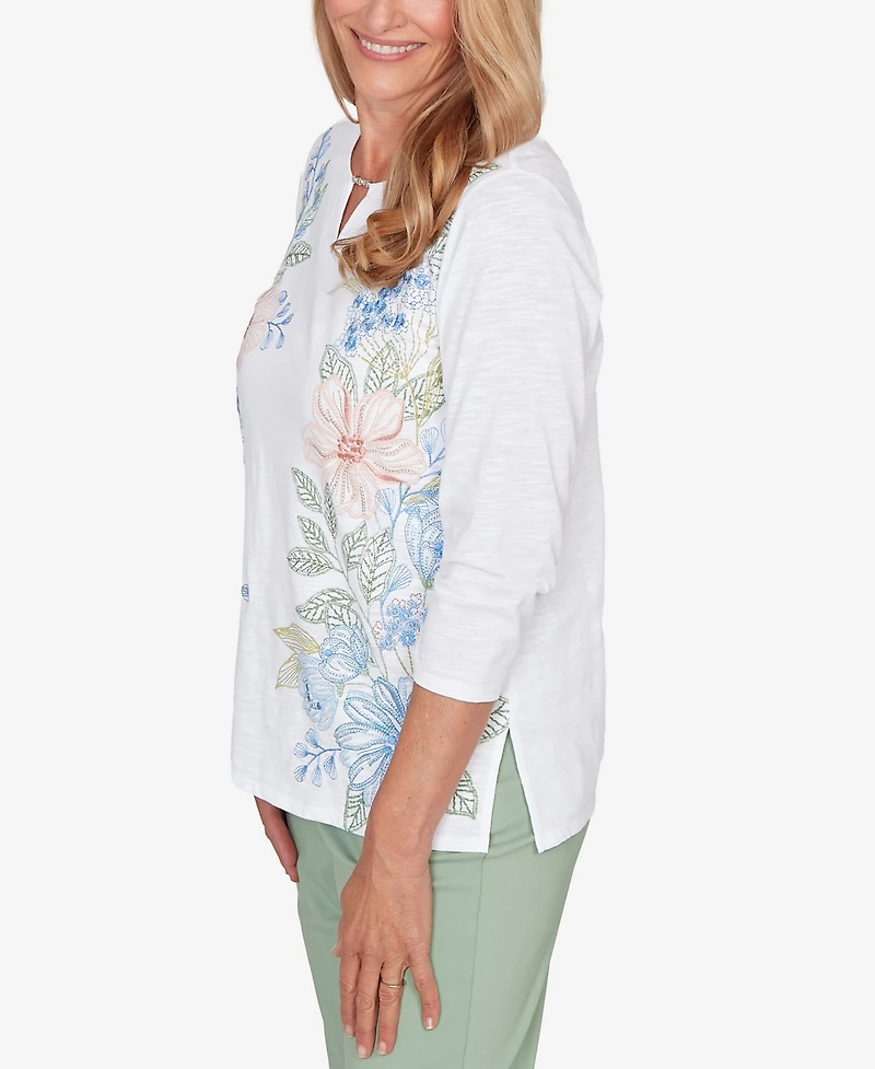 Alfred Dunner Women's St. Augustine Blooming Floral Embroidered Split Neck Top