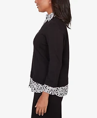 Alfred Dunner Petite Seville Print Woven Two One Sweater with Necklace