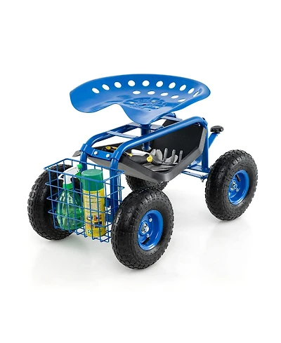 Sugift Heavy Duty Garden Cart with Tool Tray and 360 Swivel Seat-Blue