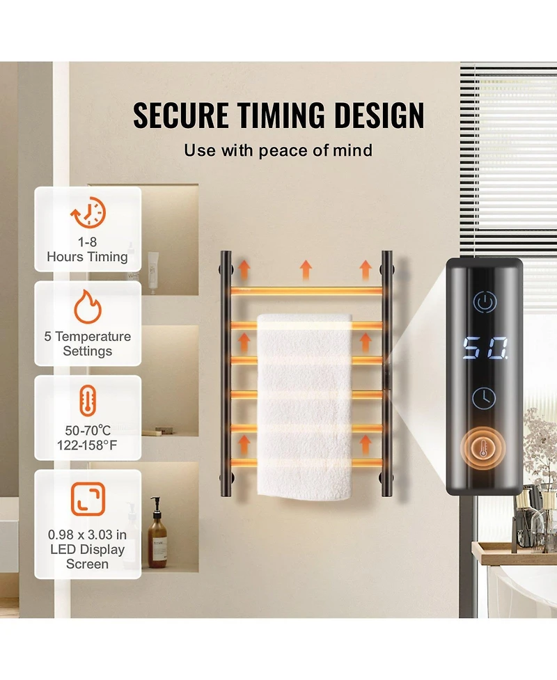 Ecooso 6-Bar Wall Mounted Heated Bathroom Rack Towel Warmer Rack