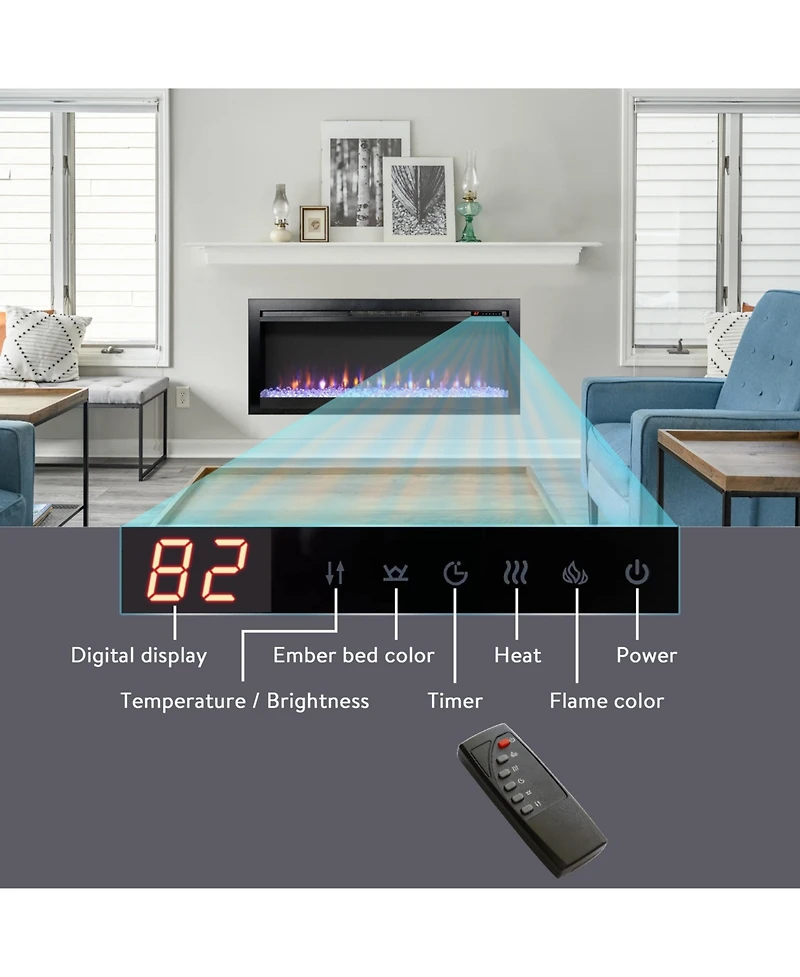 Flynama 44 inch in wall recessed electric fireplace with remote and multi color flame & emberbed, Led light heater