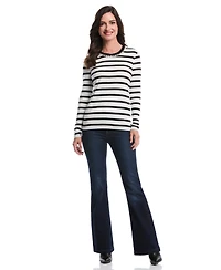 Rafaella Petite Striped Print Embellished Neck Long Sleeve Top