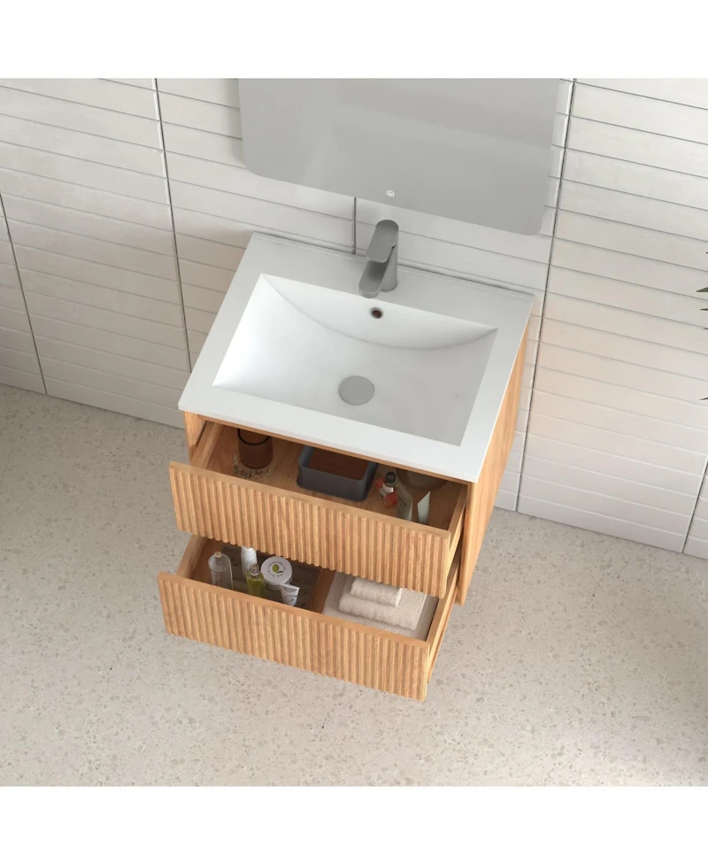 Boyel Living 24'' Floating Bathroom Vanity Set, Wall Mounted Solid Wood Bathroom Cabinet with 2 Storage Drawers,White Resin Integrated Basin