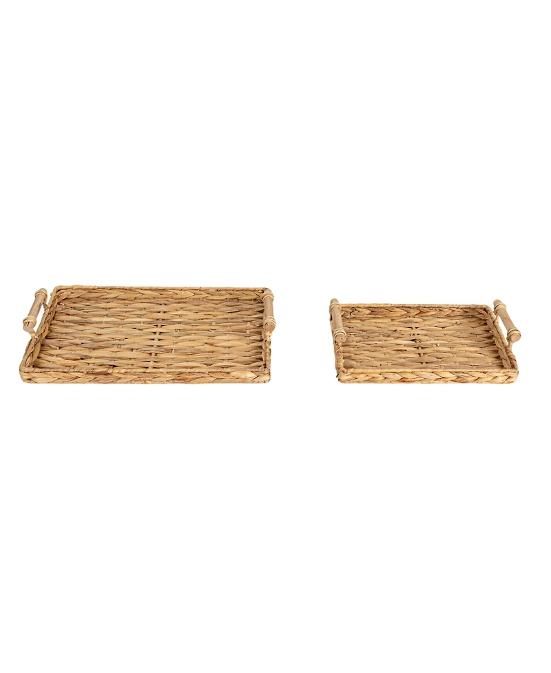 Household Essentials Handwoven Seagrass Rectangular Tray Set with Wood Handles, Natural, Set of 2