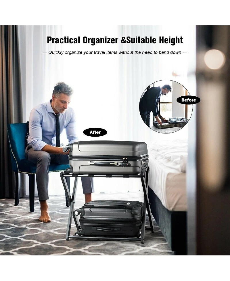 Costway Folding Luggage Rack with Shelf Travel Suitcase Shoe Storage Holder Wood Stand