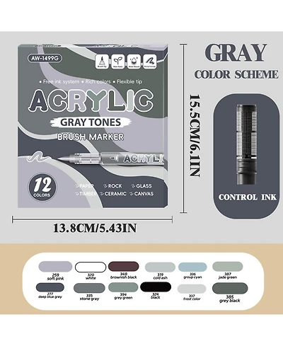 Htutwoo 12 Colors Gray Tones Art Markers, Soft Brush Pens Set Quick-Drying and Waterproof for Sketching, Canvas, Rock, Glass and Diy Crafts