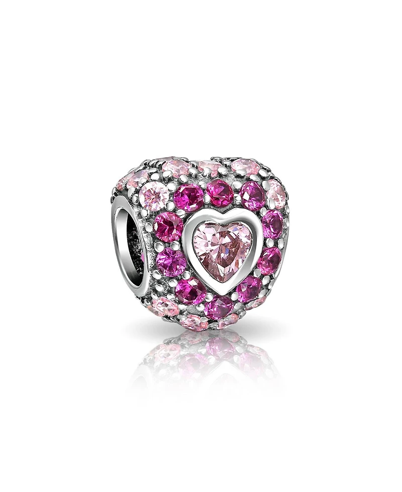 Bling Jewelry Set of 2 Hot Pink Fuchsia Cubic Zirconia Cz Pave Heart Charm Bead Sterling Silver European Bracelet