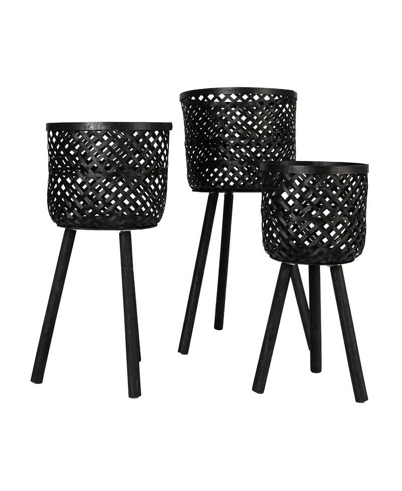 Storied Home Woven Bamboo Baskets with Wooden Legs, Black, Set of 3
