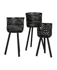 Storied Home Woven Bamboo Baskets with Wooden Legs, Black, Set of 3