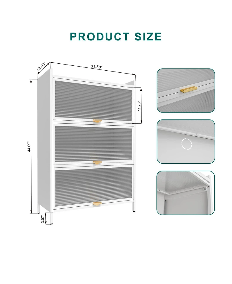 Zachvo Modern Fluted Glass 2-Door Metal Pantry Cabinet with 3 Flip Doors, 4-Level Storage & Gold Accents