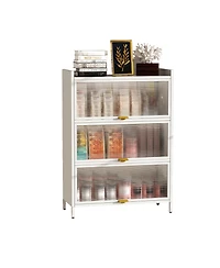 Zachvo Modern Fluted Glass 2-Door Metal Pantry Cabinet with 3 Flip Doors, 4-Level Storage & Gold Accents