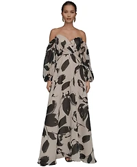 Donna Karan New York Women's Floral Print Sweetheart Neckline Puff Sleeve Gown