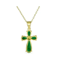 Bling Jewelry Natural Green Jade Small Cross Pemdant Necklace & Bezel Oval Drop Earrings Jewelry Set Gold Plated Sterling Silver