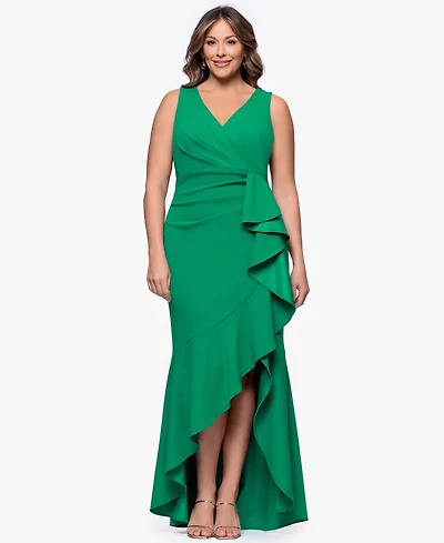 Betsy & Adam Plus Sleeveless Ruffled High-Low Gown