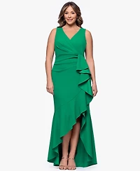 Betsy & Adam Plus Sleeveless Ruffled High-Low Gown