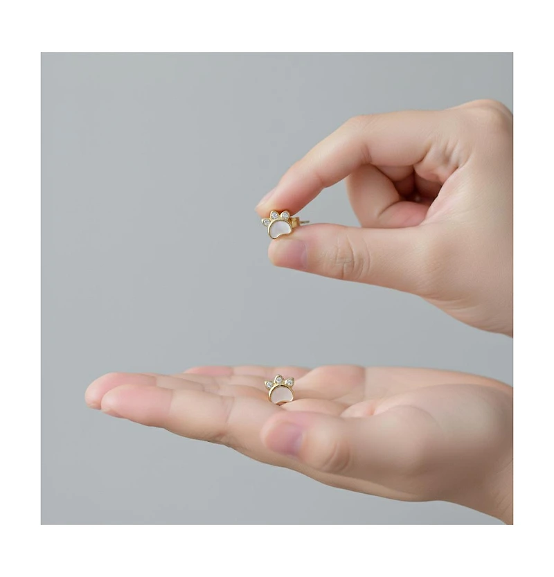GiGiGirl 14K Gold Plated with White Mother Of Pearl & Clear Cubic Zirconia Paw Design Stud Earrings For Kids