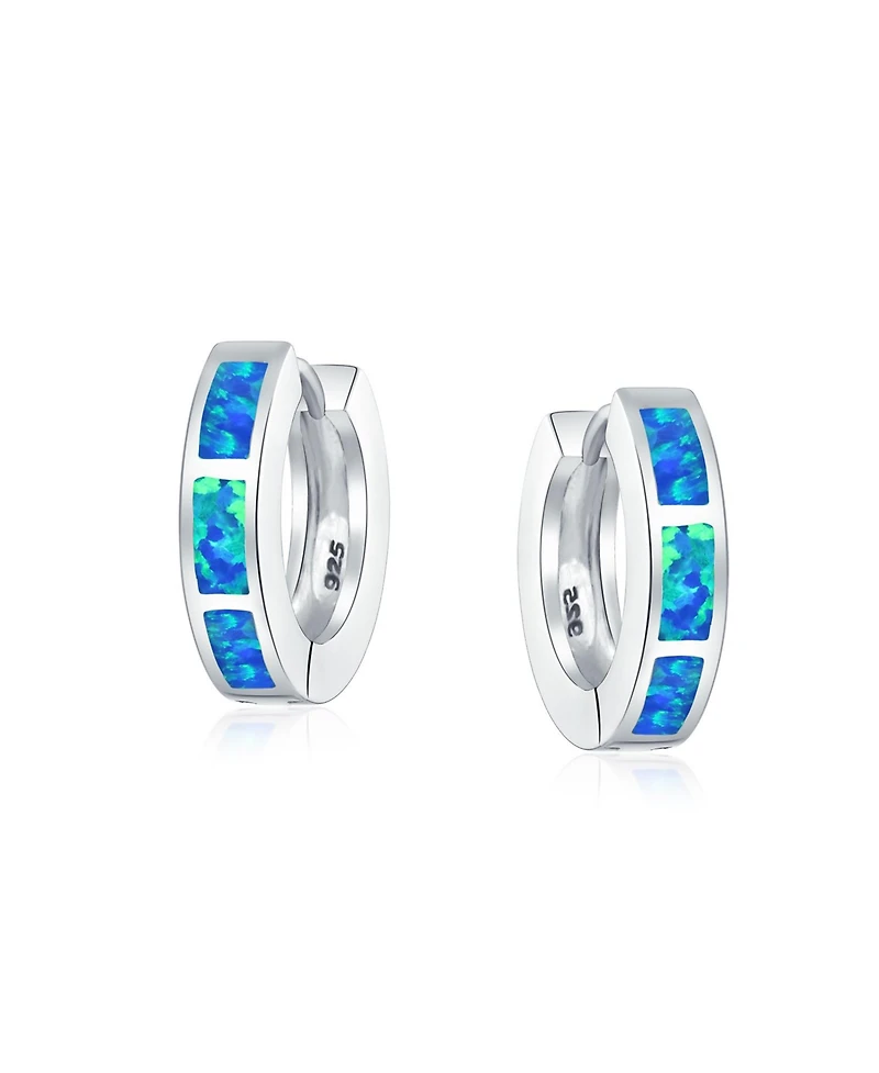 Bling Jewelry Set of 2 White & Blue Synthetic Opal Inlay Iridescent Huggie Hoop Earrings Sterling Silver