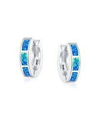 Bling Jewelry Set of 2 White & Blue Synthetic Opal Inlay Iridescent Huggie Hoop Earrings Sterling Silver