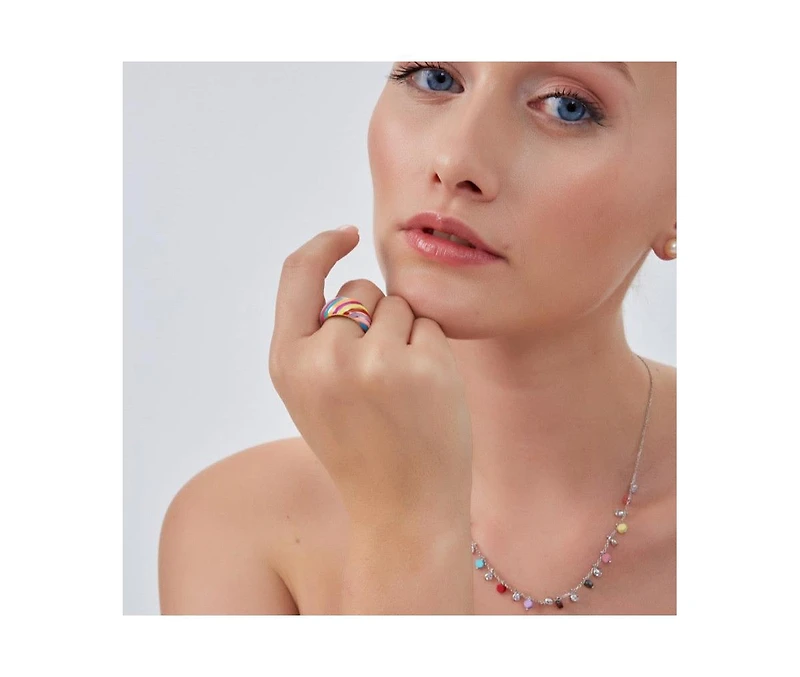 Spero London Enamel Rainbow Stripe Chunky Sterling Silver Ring