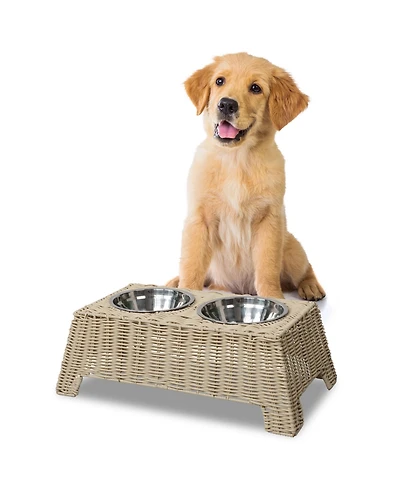 The Licker Store Serenity 6.9" Small/Medium Elevated Wicker Pet Feeder with 18oz (2.2 Cups) 2-Stainless Steel Bowls