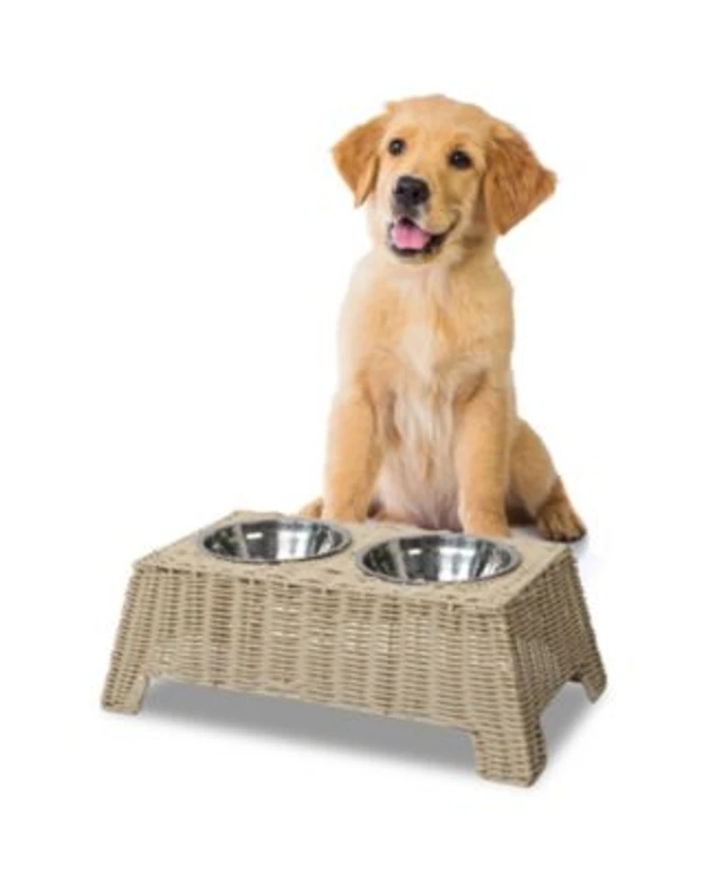 The Licker Store Serenity 6.9 X22 Small Medium Elevated Wicker Pet Feeder With 18oz 2.2 Cups 2 Stainless Steel Bowls
