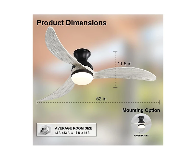 Sofucor 52-inch Modern Classic Black 3-Blade Flush Mount with Intelligent Remote Control and Light