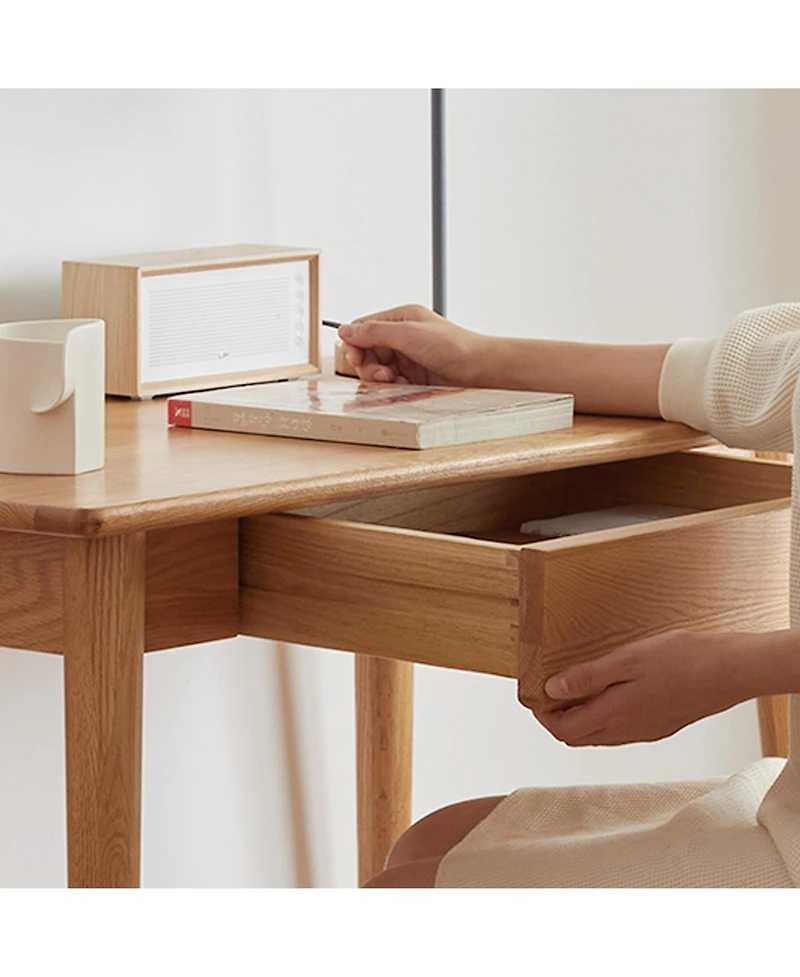 sumyeg Solid Oak Wood Computer Desk with Drawer and Natural Wood Grain