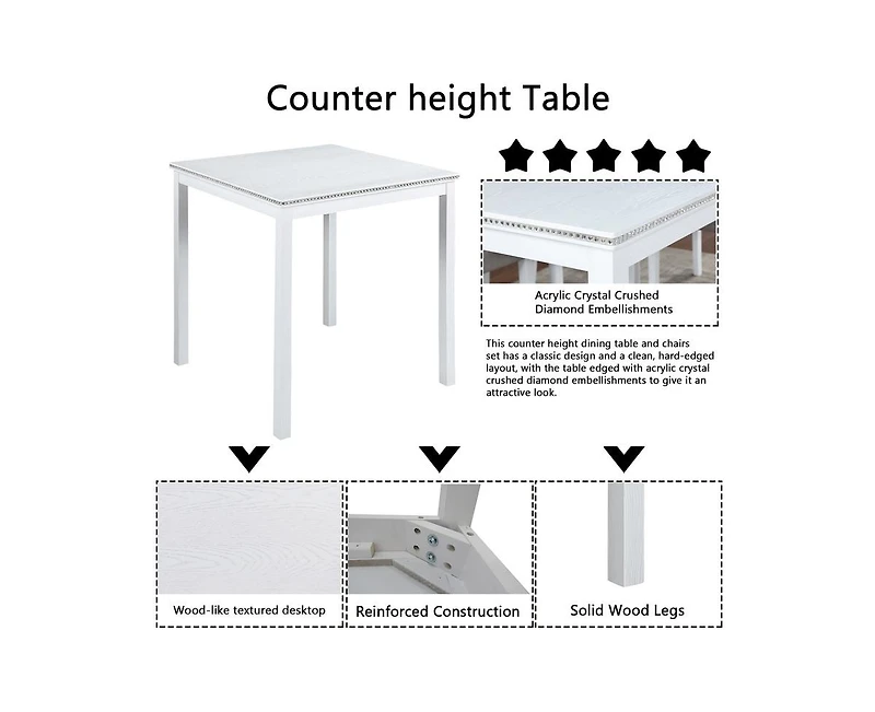 sumyeg 5-Piece Counter Height Dining Set with Crystal Accent Square Wood Table and 4 Upholstered Chairs