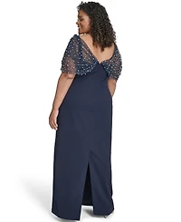 Eliza J Plus Short-Sleeve Spaghetti Strap Beaded Twist Overlay Gown