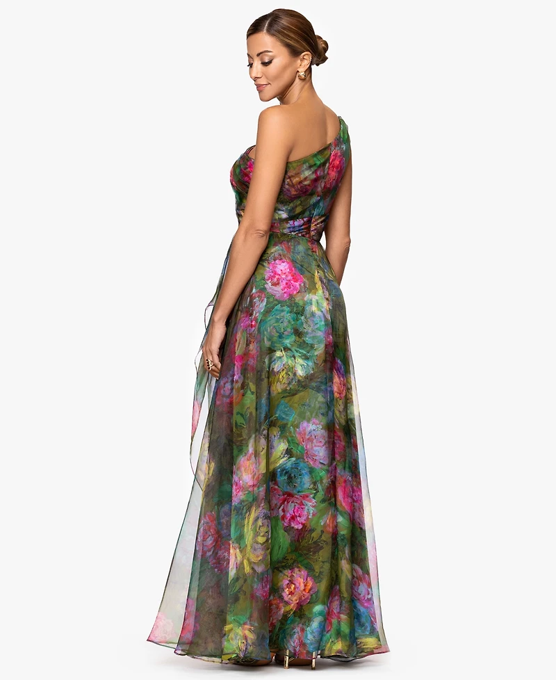 Xscape Women's Printed One-Shoulder Long Dress
