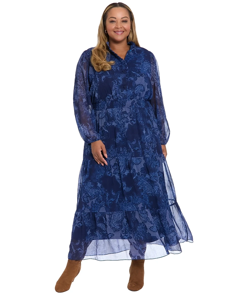 London Times Plus Printed Long Sleeve A-Line Dress
