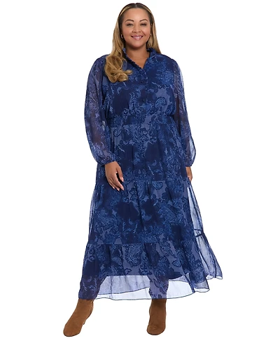 London Times Plus Printed Long Sleeve A-Line Dress