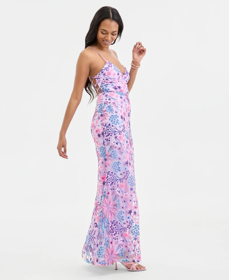 City Studios Juniors' Floral-Sequinned Evening Gown, Created for Macy's