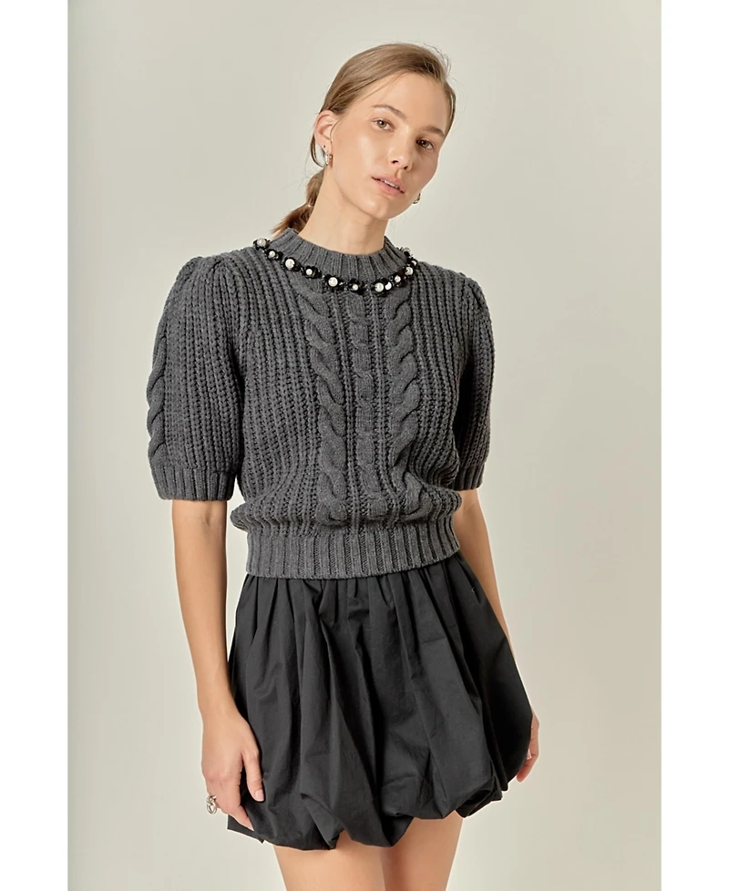 English Factory Women's Pearl Embellishment Puff Sleeve Knit Sweatshirts